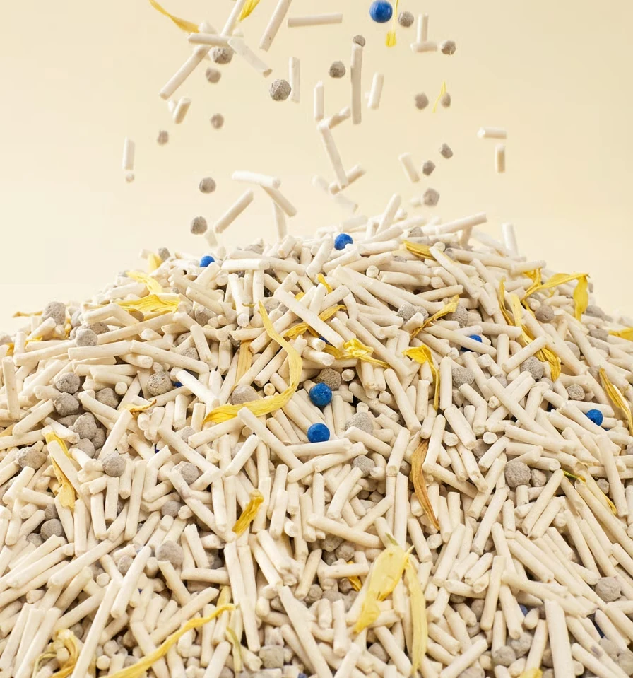 Mixed plant-based cat litter with tofu pellets, botanical granules, and flower petals