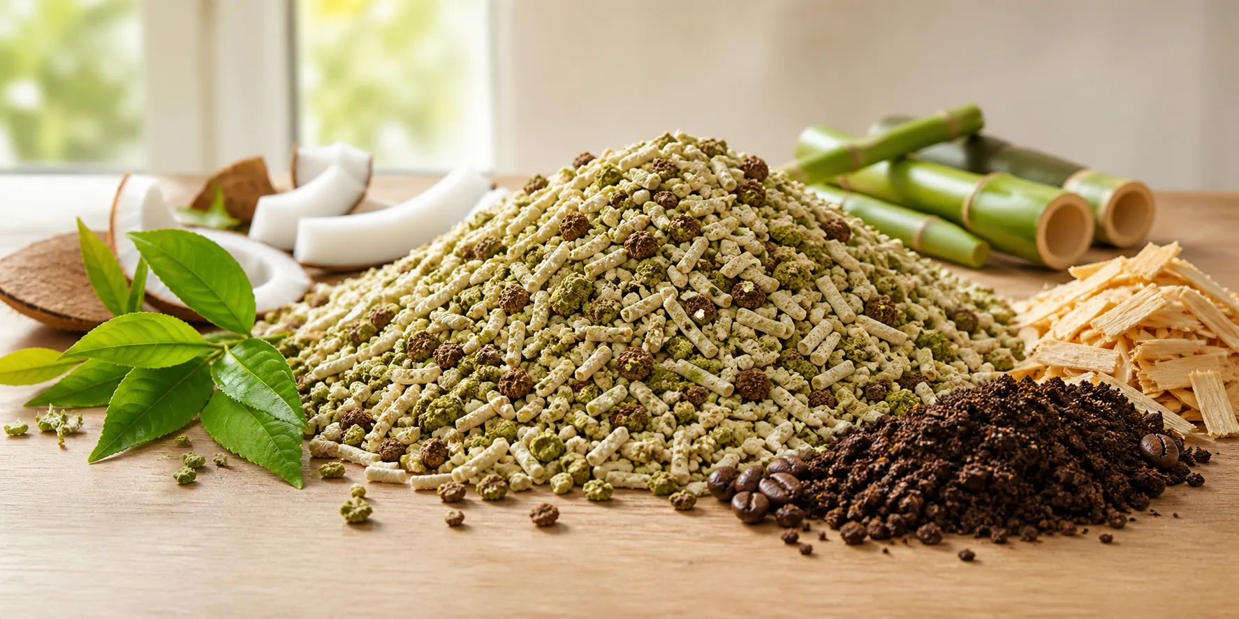 Mixed botanical cat litter pile with green tea, coconut, bamboo, and coffee grounds