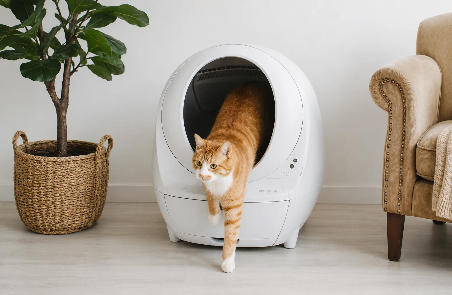 Cat walking out of a white automatic self-cleaning litter box