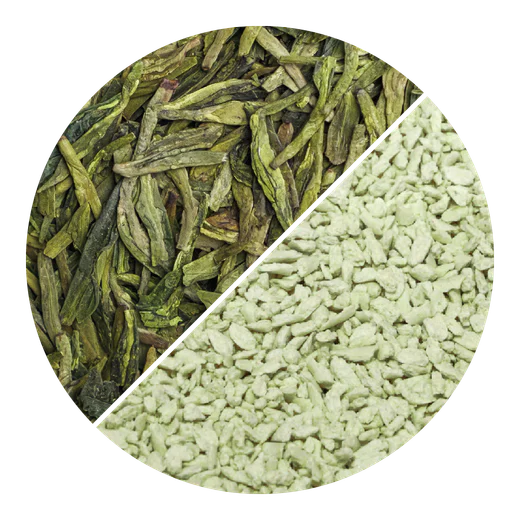 Green tea leaves and green tea cat litter granules