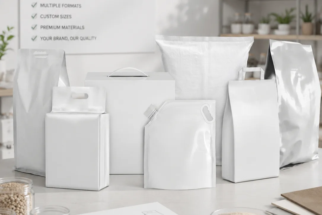 White private-label packaging formats: bags, pouches, boxes, and cartons ready for artwork