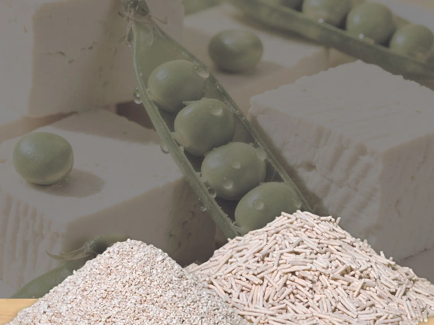 Tofu cat litter granules in pellet and crushed textures with tofu and green peas